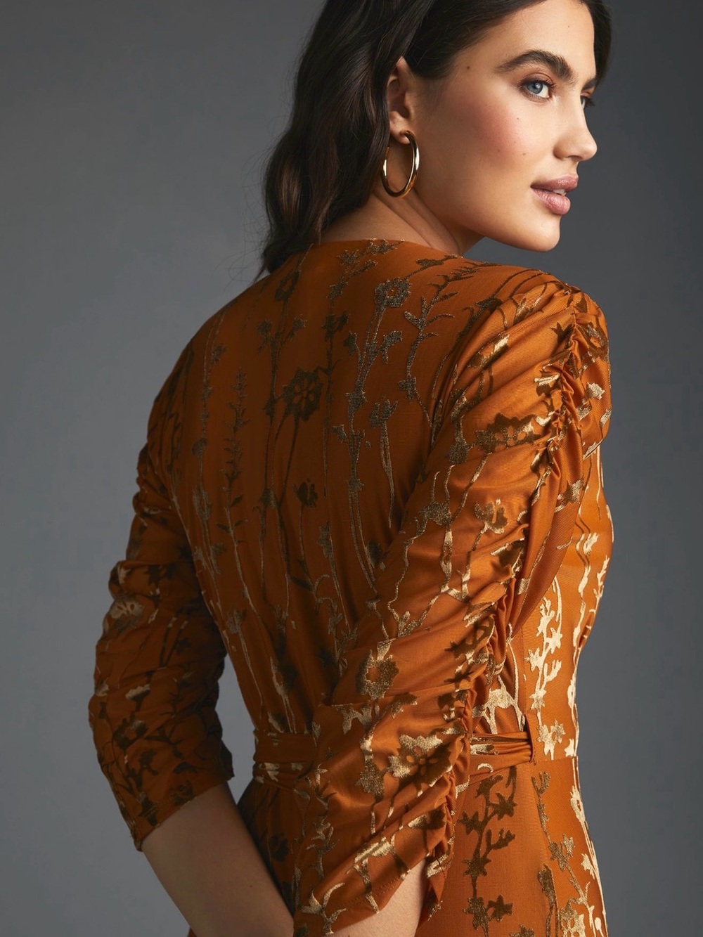 Anthropologie Hutch Velvet Wrap Dress Burnt Orange Gold Floral Midi Dress Size S - Picture 2 of 4